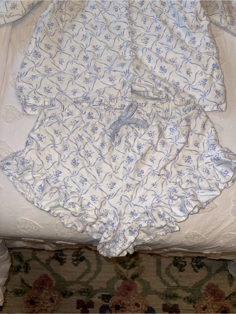 LoveShackFancy White and Light Blue Floral Two-Piece Pajama Set - Picture 3 of 7